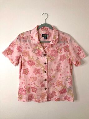 Sugar Reef Pink Tropical Floral Short Sleeve Button Down Blouse 100% Cotton